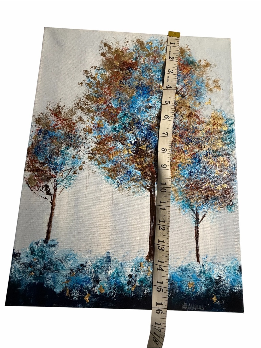 New Original Acrylic Canvas Art Trees in Blue and Gold 12" x 16" - Picture 14 of 14